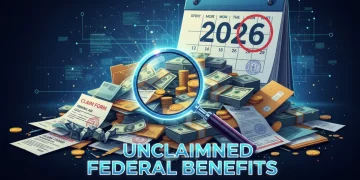 Magnifying glass over documents and money, symbolizing unclaimed federal aid in 2026.